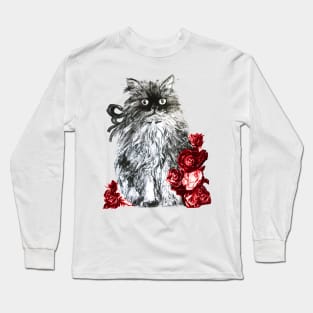 CAT KITTEN WITH RED ROSES ,Black and White Long Sleeve T-Shirt